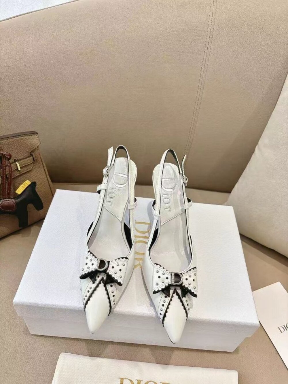 Dior White Leather Slingback Heels Studded Bow D Logo Pointed Toe Pumps